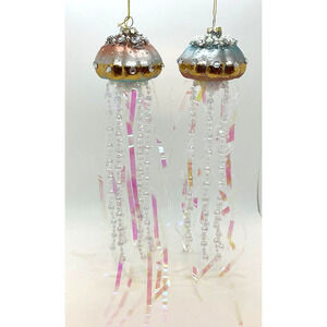 2 Jellyfish Ornaments Glass Pink & Blue Christmas Pearl Flowing Tentacles